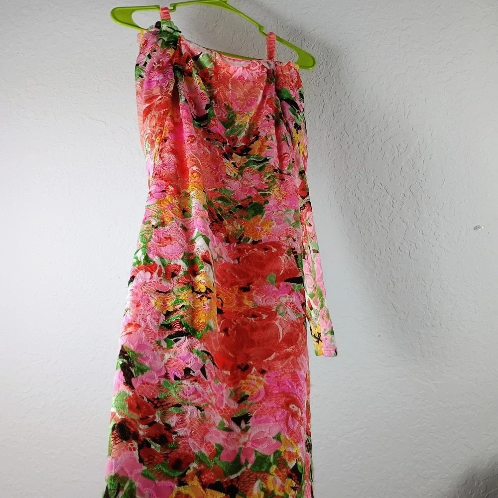 Marina Floral Lace Overlay Maxi Dress XS Pink Red Stretch Lined Made USA - Picture 5 of 13